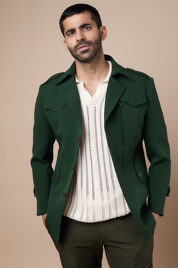 Dark Green Banana Crepe & Cotton Twill Safari Jacket Set by Dapper & Dare at Pernia's Pop Up Shop