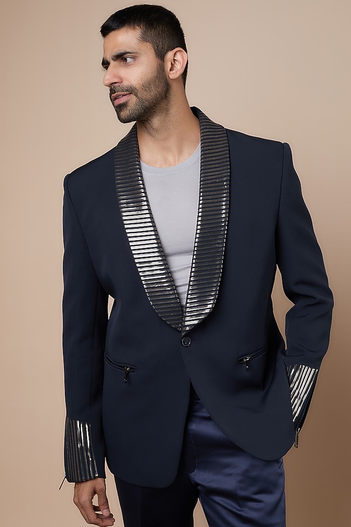 Navy Blue Banana Crepe Blazer Set by Dapper & Dare at Pernia's Pop Up Shop