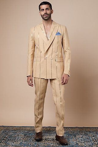 Almond Beige Linen Double-Breasted Blazer Set by Dapper & Dare