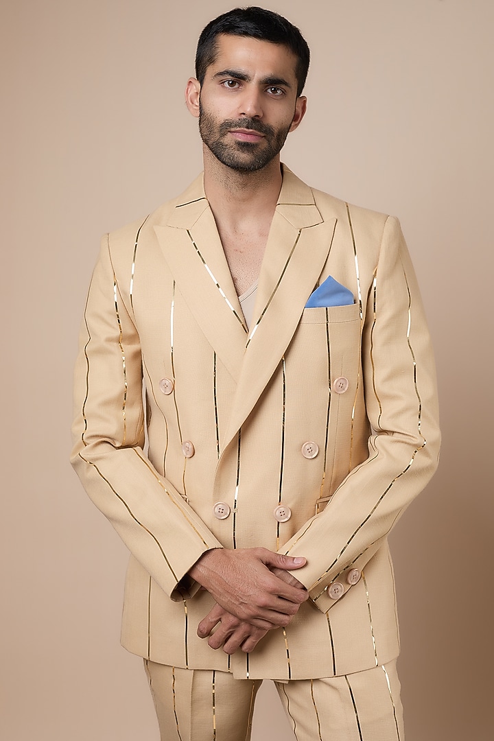 Almond Beige Linen Double-Breasted Blazer Set by Dapper & Dare at Pernia's Pop Up Shop