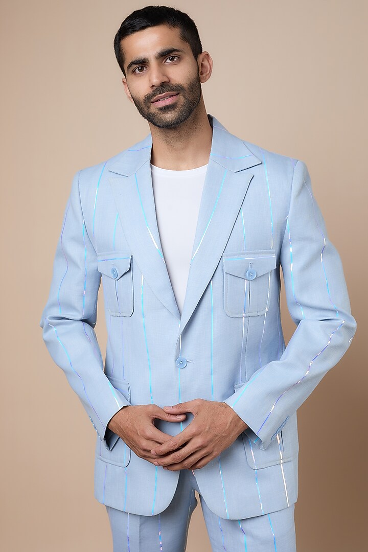 Light Blue Linen Blazer Set by Dapper & Dare at Pernia's Pop Up Shop