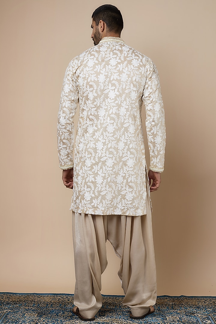Beige Moonga Silk Floral Embroidered Kurta Set by Dapper & Dare at Pernia's Pop Up Shop