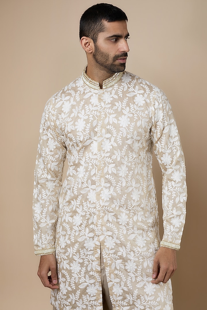 Beige Moonga Silk Floral Embroidered Kurta Set by Dapper & Dare at Pernia's Pop Up Shop