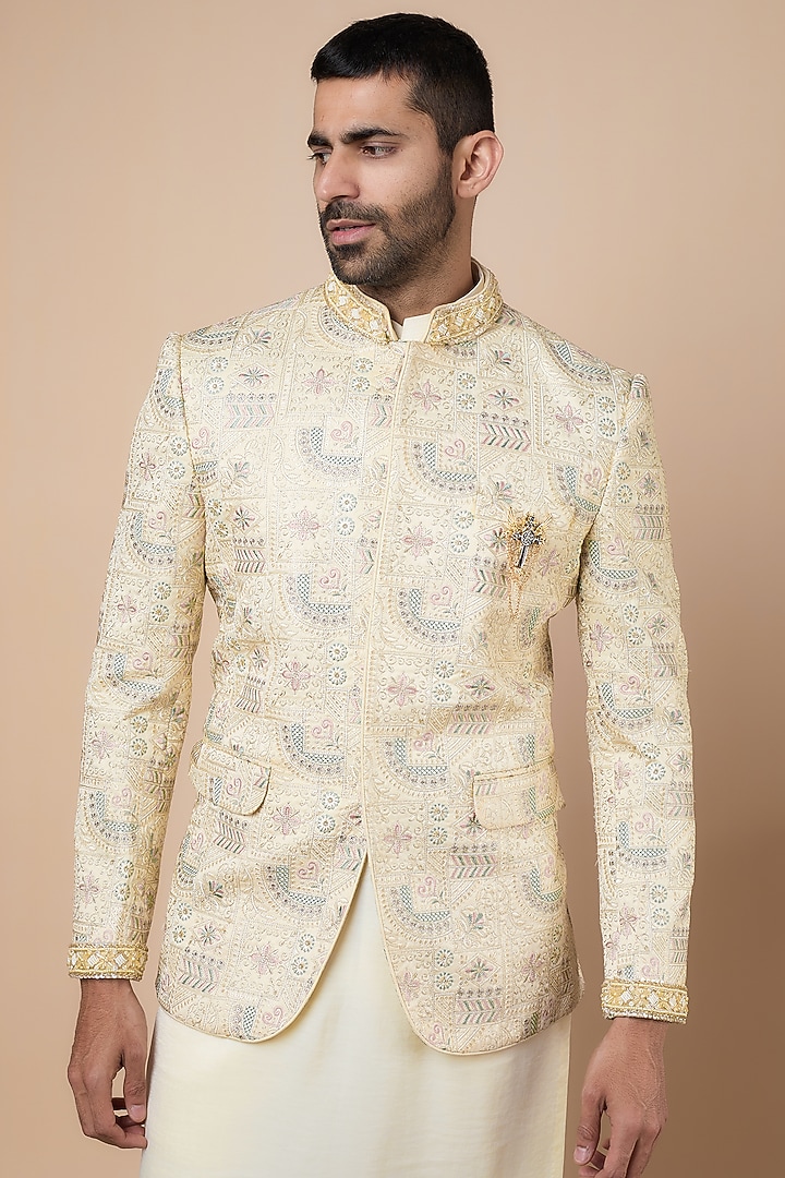 Cream Modal Silk Embroidered Wedding Bandhgala Set by Dapper & Dare at Pernia's Pop Up Shop
