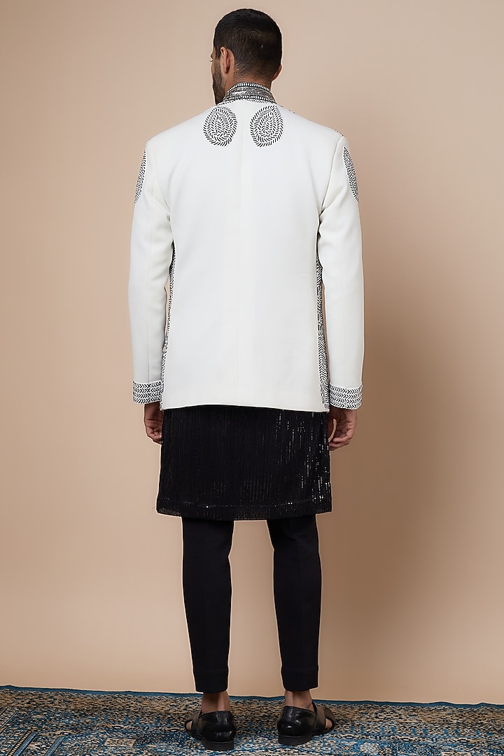 Black Cotton Jute Cutdana Embroidered Groom Indowestern Set by Dapper & Dare at Pernia's Pop Up Shop