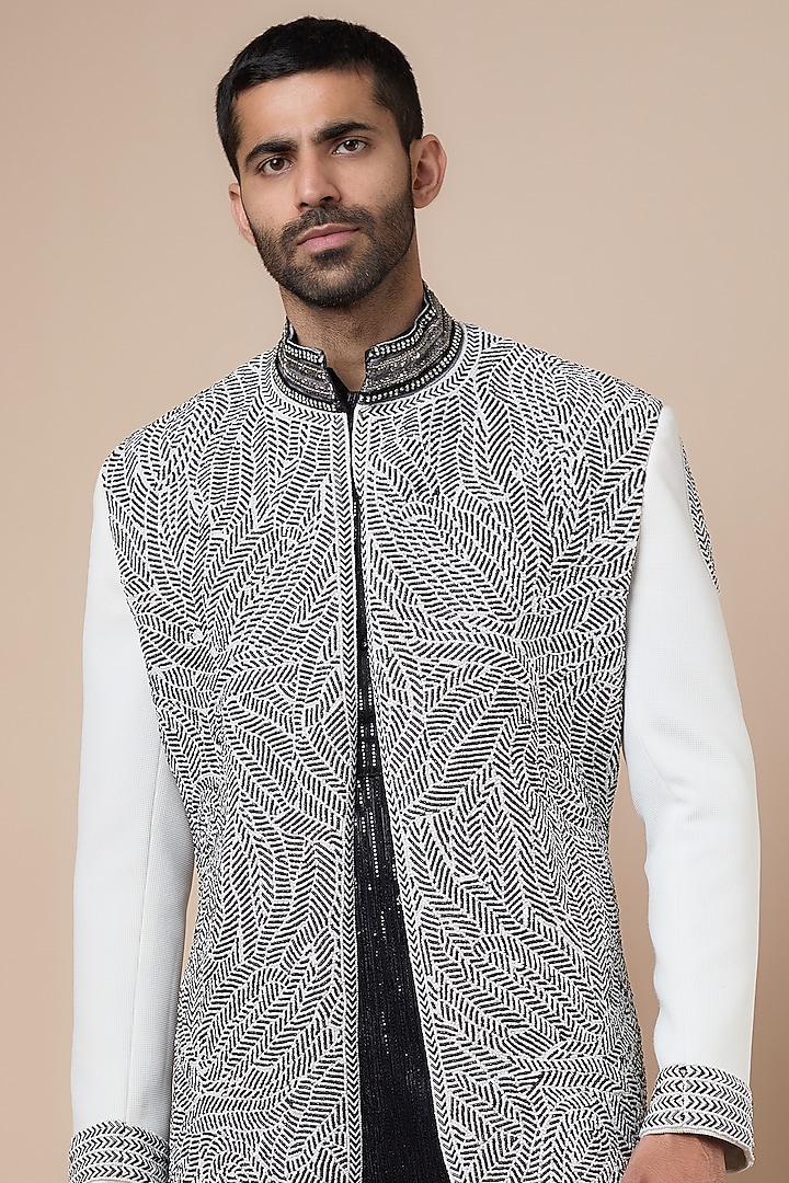 Black Cotton Jute Cutdana Embroidered Groom Indowestern Set by Dapper & Dare at Pernia's Pop Up Shop