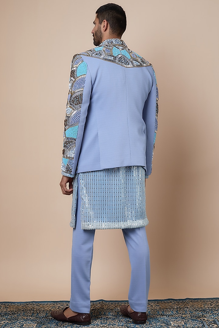Blue Popcorn Lycra Crystal Embroidered Groom Indowestern Set by Dapper & Dare at Pernia's Pop Up Shop