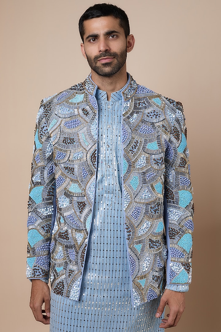 Blue Popcorn Lycra Crystal Embroidered Groom Indowestern Set by Dapper & Dare at Pernia's Pop Up Shop