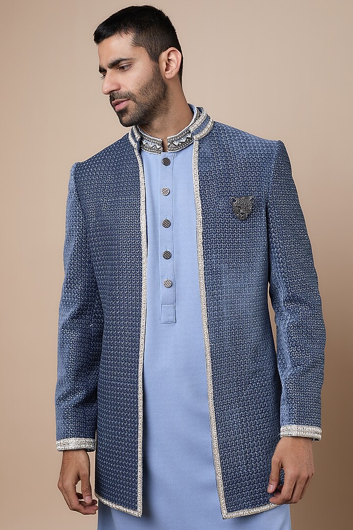 Blue Velvet Wedding Indowestern Set by Dapper & Dare at Pernia's Pop Up Shop