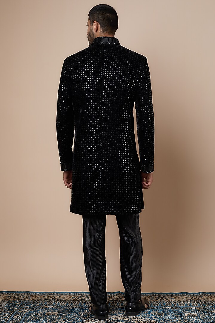 Black Velvet Motif Embroidered Wedding Sherwani Set by Dapper & Dare at Pernia's Pop Up Shop