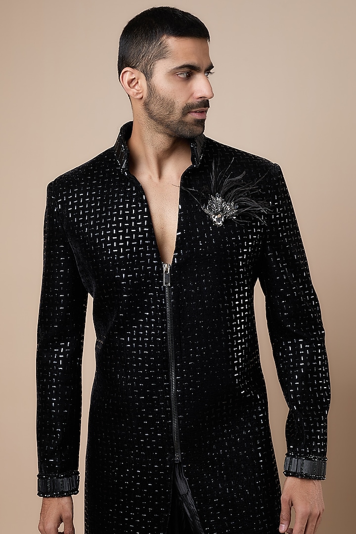 Black Velvet Motif Embroidered Wedding Sherwani Set by Dapper & Dare at Pernia's Pop Up Shop