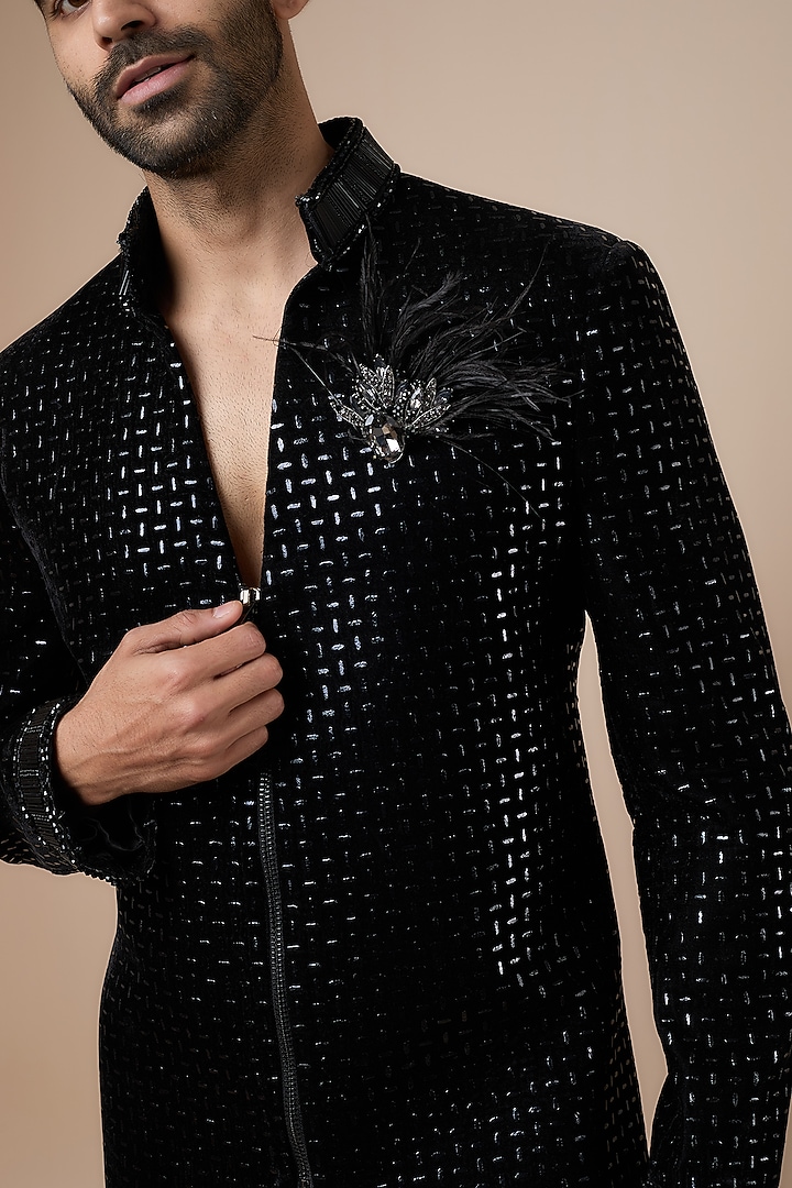 Black Velvet Motif Embroidered Wedding Sherwani Set by Dapper & Dare at Pernia's Pop Up Shop