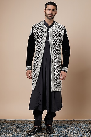 Black Velvet Crystal Embroidered Open Sherwani Set by Dapper & Dare