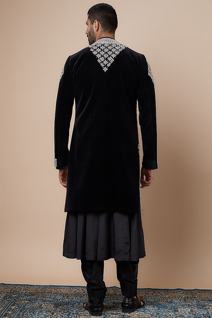 Black Velvet Crystal Embroidered Open Groom Sherwani Set by Dapper & Dare at Pernia's Pop Up Shop