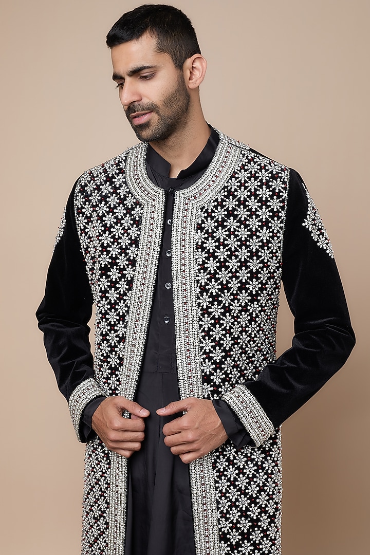 Black Velvet Crystal Embroidered Open Groom Sherwani Set by Dapper & Dare at Pernia's Pop Up Shop