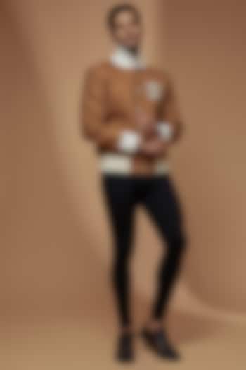 Brown Suede Embroidered Bomber Jacket by Dapper & Dare at Pernia's Pop Up Shop