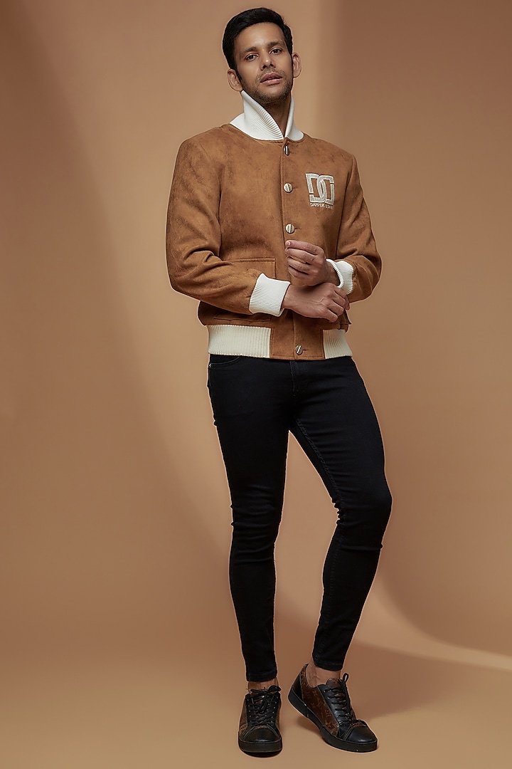 Brown Suede Embroidered Bomber Jacket by Dapper & Dare
