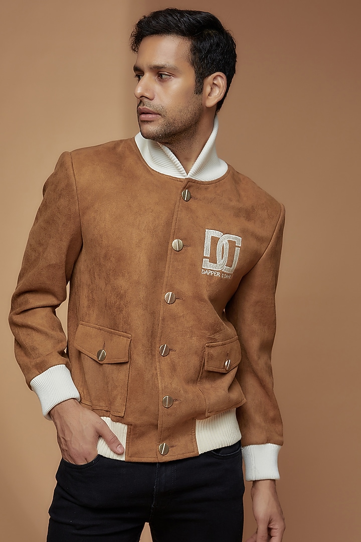 Brown Suede Embroidered Bomber Jacket by Dapper & Dare at Pernia's Pop Up Shop