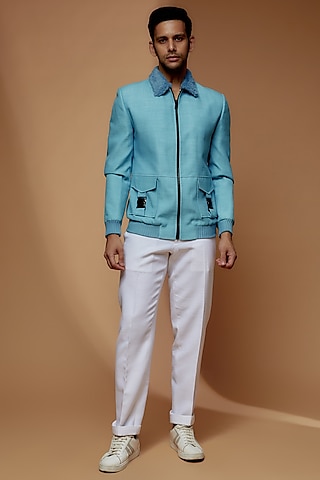 Ice Blue Linen Bomber Jacket by Dapper & Dare