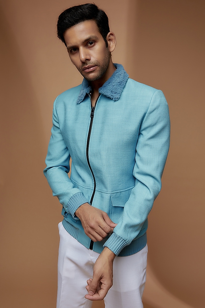 Ice Blue Linen Bomber Jacket by Dapper & Dare at Pernia's Pop Up Shop