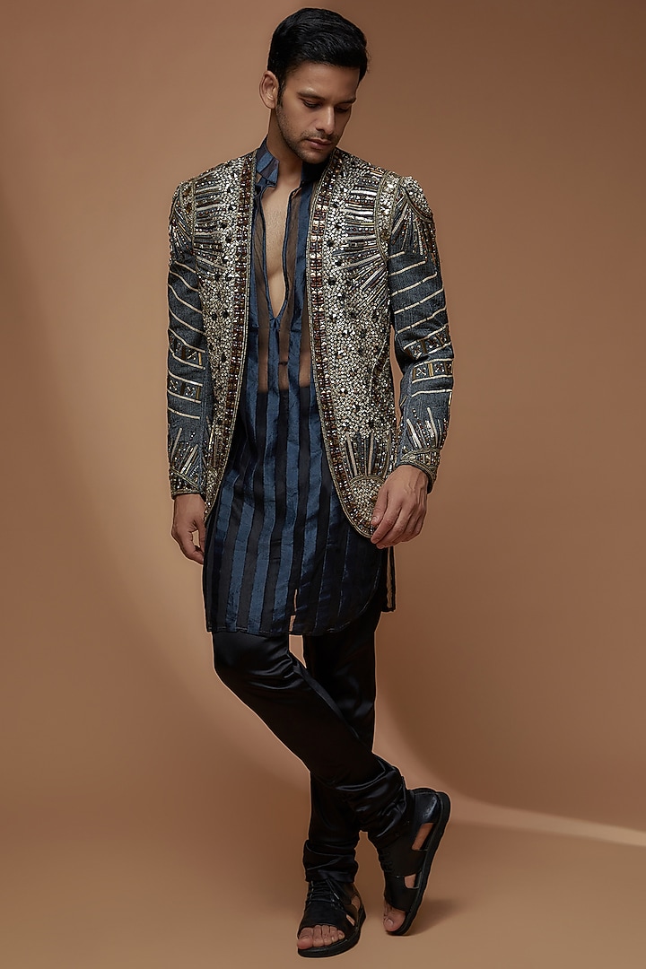 Grey Jute Cotton Blend Embellished Indo-Western Set by Dapper & Dare at Pernia's Pop Up Shop