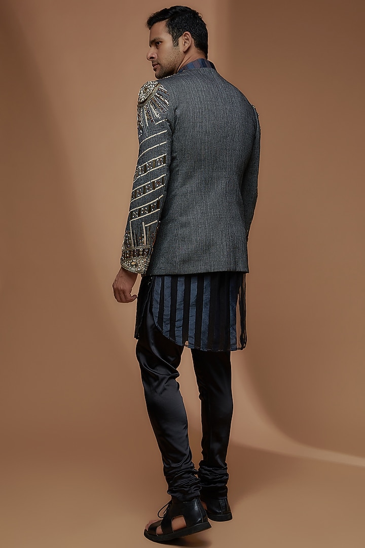 Grey Jute Cotton Blend Embellished Indo-Western Set by Dapper & Dare at Pernia's Pop Up Shop