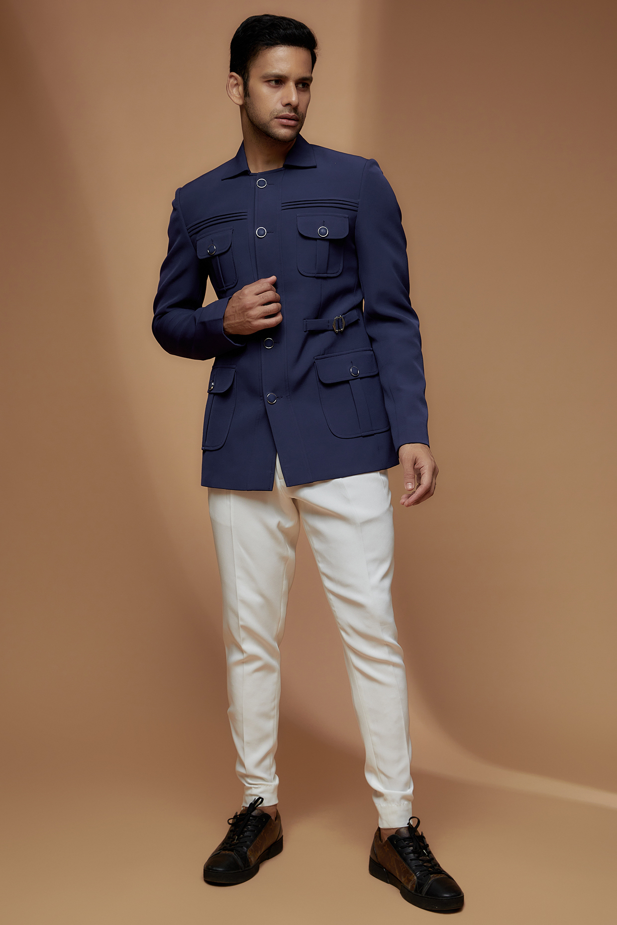 Azure Blue Banana Crepe Wedding Bandhgala Set by Dapper & Dare at Pernia's Pop Up Shop