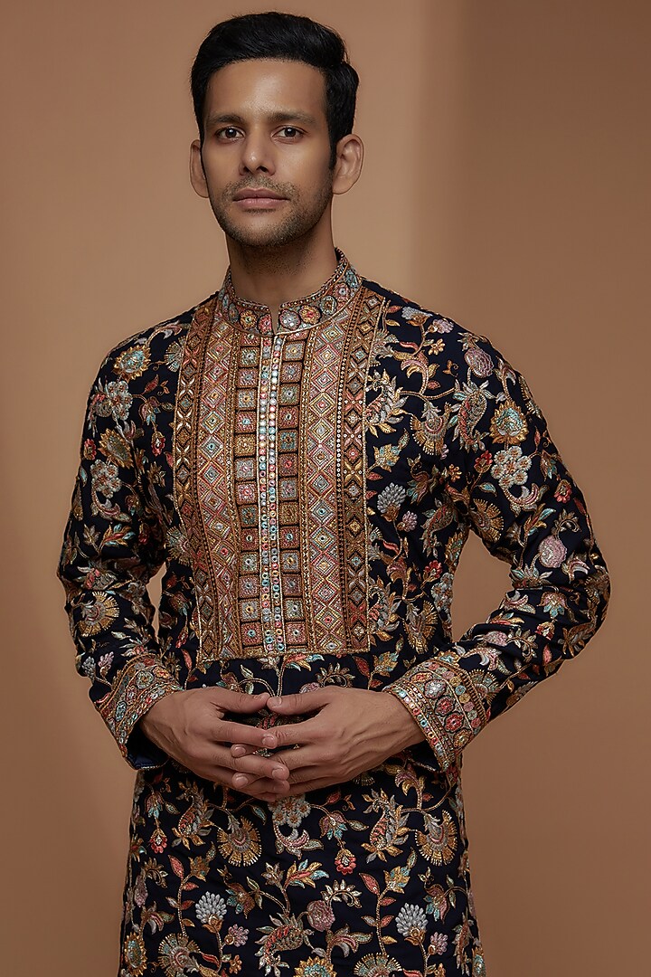 Midnight Black Georgette Embroidered Kurta Set by Dapper & Dare at Pernia's Pop Up Shop
