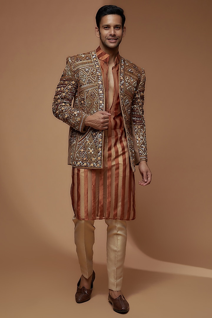 Caramel Brown South Jute Cotton Blend Embellished Indo-Western Set by Dapper & Dare at Pernia's Pop Up Shop