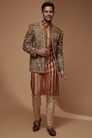 Caramel Brown South Jute Cotton Blend Embellished Indo-Western Set by Dapper & Dare