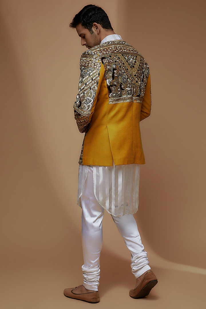 Turmeric Yellow Jute Cotton Blend Embroidered Indo-Western Set by Dapper & Dare at Pernia's Pop Up Shop