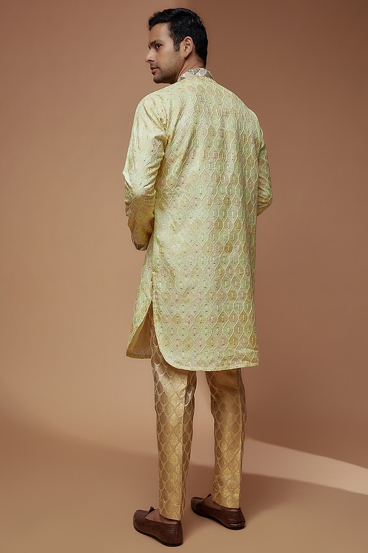 Light Yellow Dupion Printed & Embroidered Kurta Set by Dapper & Dare at Pernia's Pop Up Shop