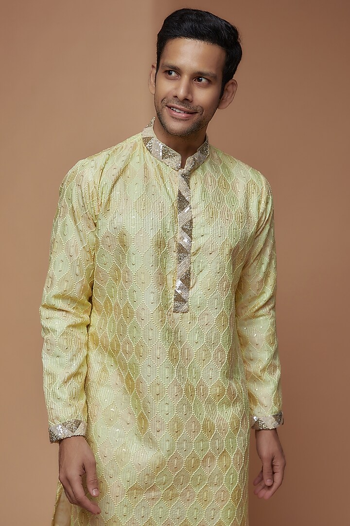 Light Yellow Dupion Printed & Embroidered Kurta Set by Dapper & Dare at Pernia's Pop Up Shop