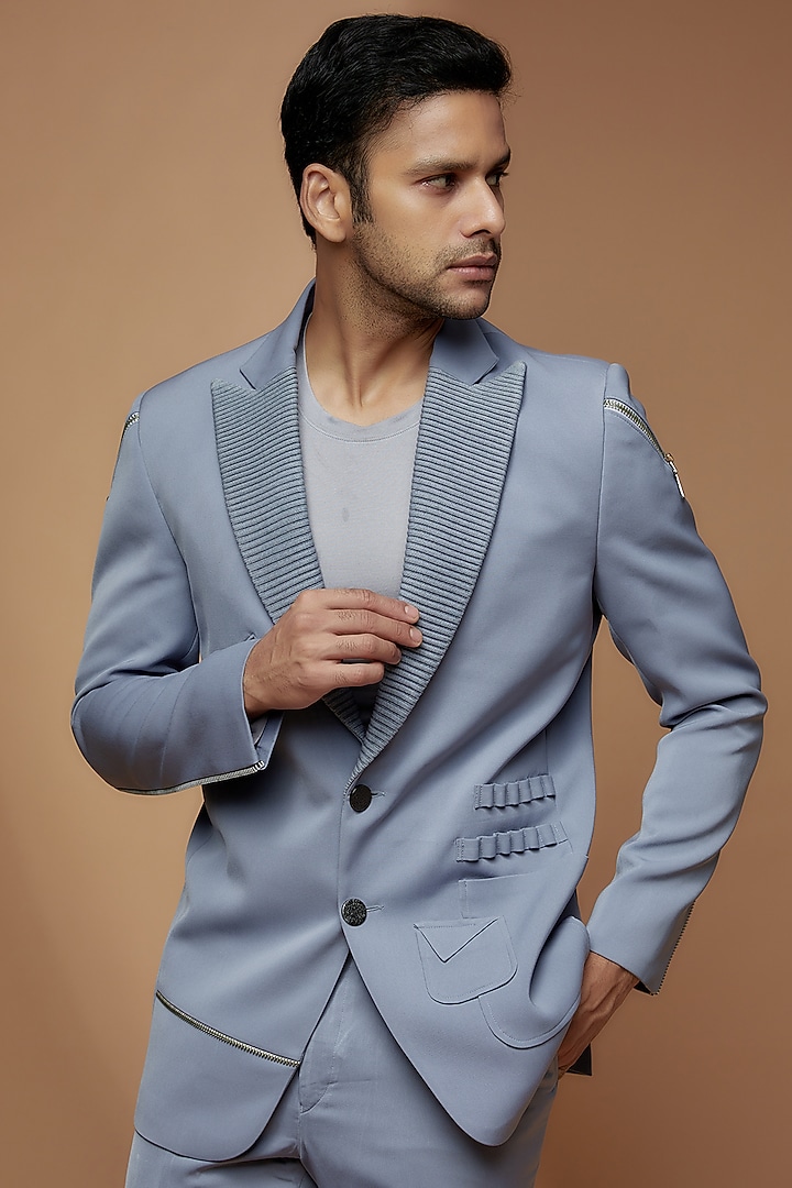 Light Slate Grey Banana Crepe Blazer Set by Dapper & Dare at Pernia's Pop Up Shop