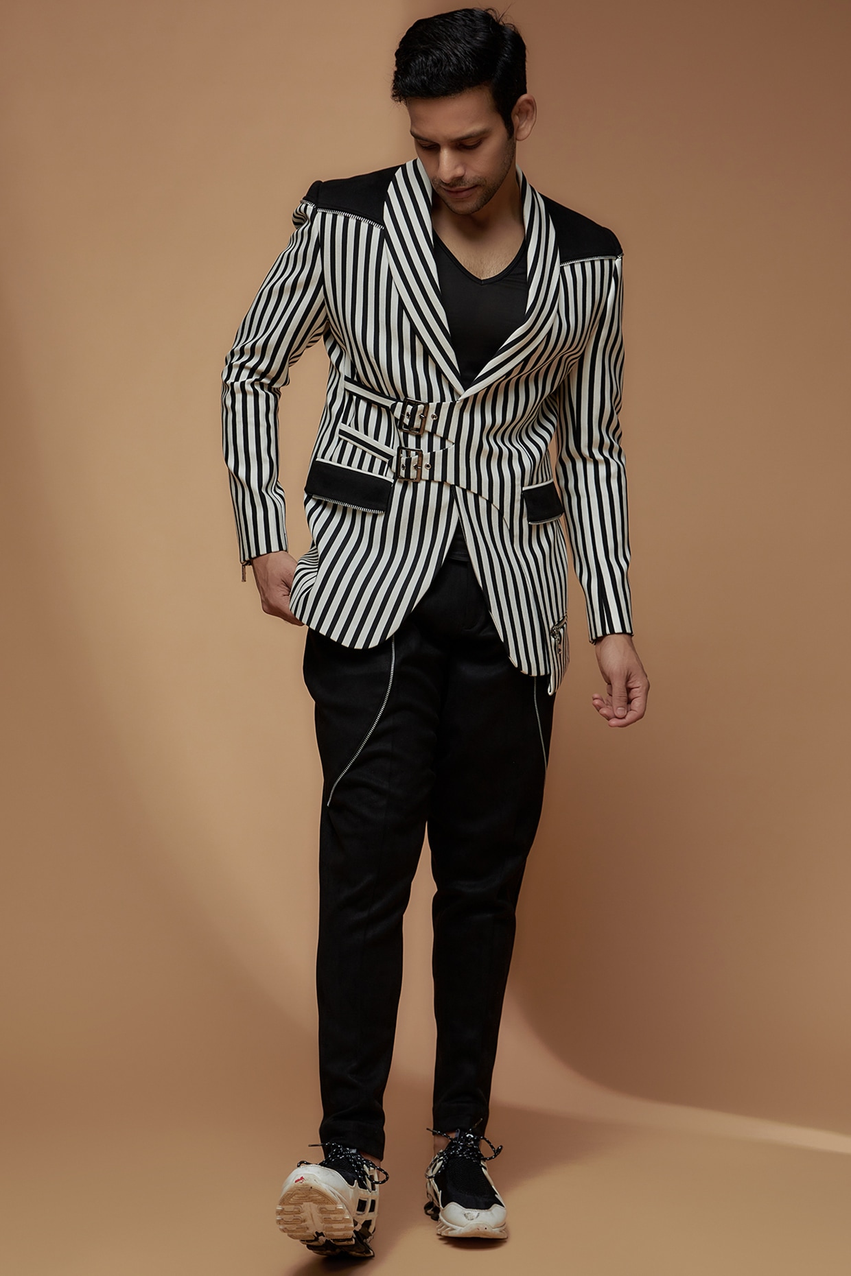 Black White Banana Crepe Striped Blazer Set Design by Dapper