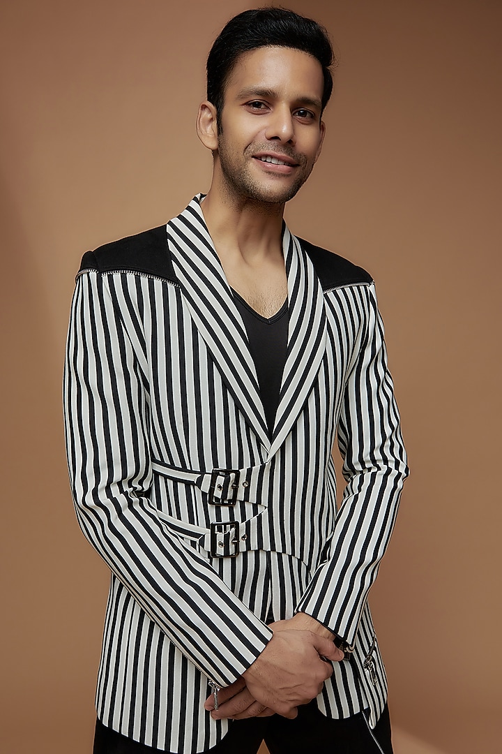Black & White Banana Crepe Striped Blazer Set by Dapper & Dare at Pernia's Pop Up Shop