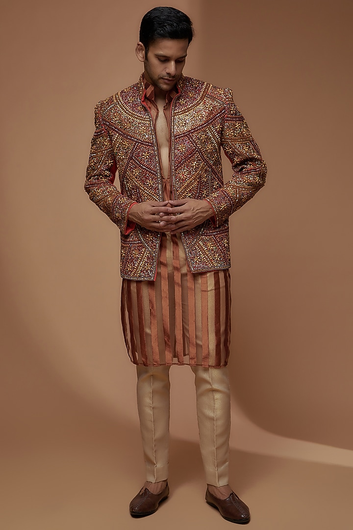 Caramel Brown Jute Cotton Blend Embellished Indo-Western Set by Dapper & Dare at Pernia's Pop Up Shop