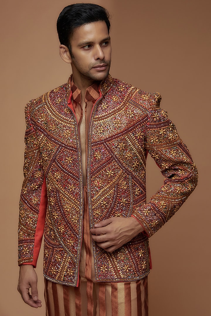 Caramel Brown Jute Cotton Blend Embellished Indo-Western Set by Dapper & Dare at Pernia's Pop Up Shop