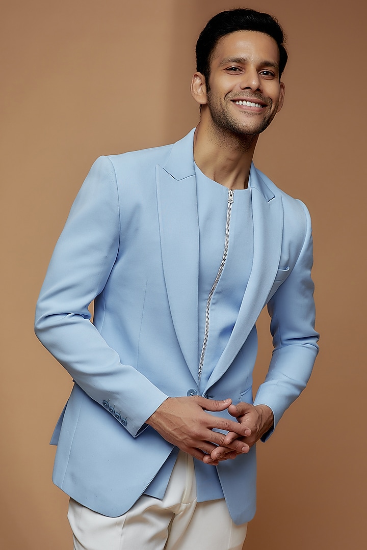 Powder Blue Banana Crepe Blazer Set by Dapper & Dare at Pernia's Pop Up Shop