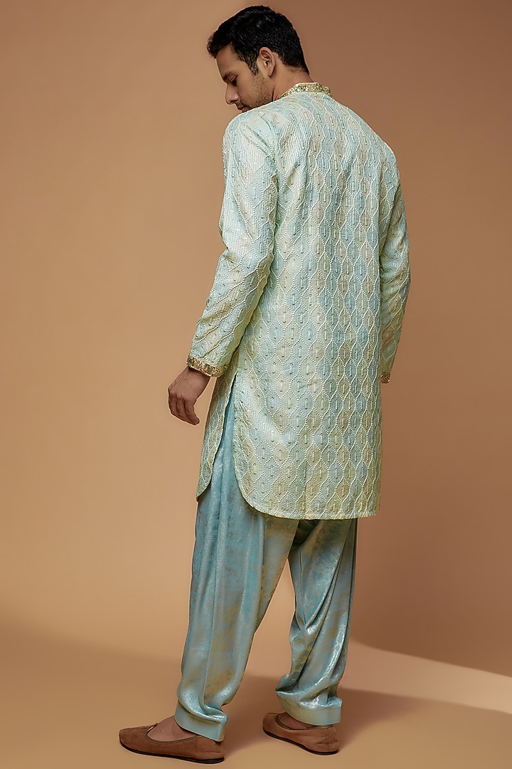 Powder Blue Dupion Embroidered & Printed Kurta Set by Dapper & Dare at Pernia's Pop Up Shop