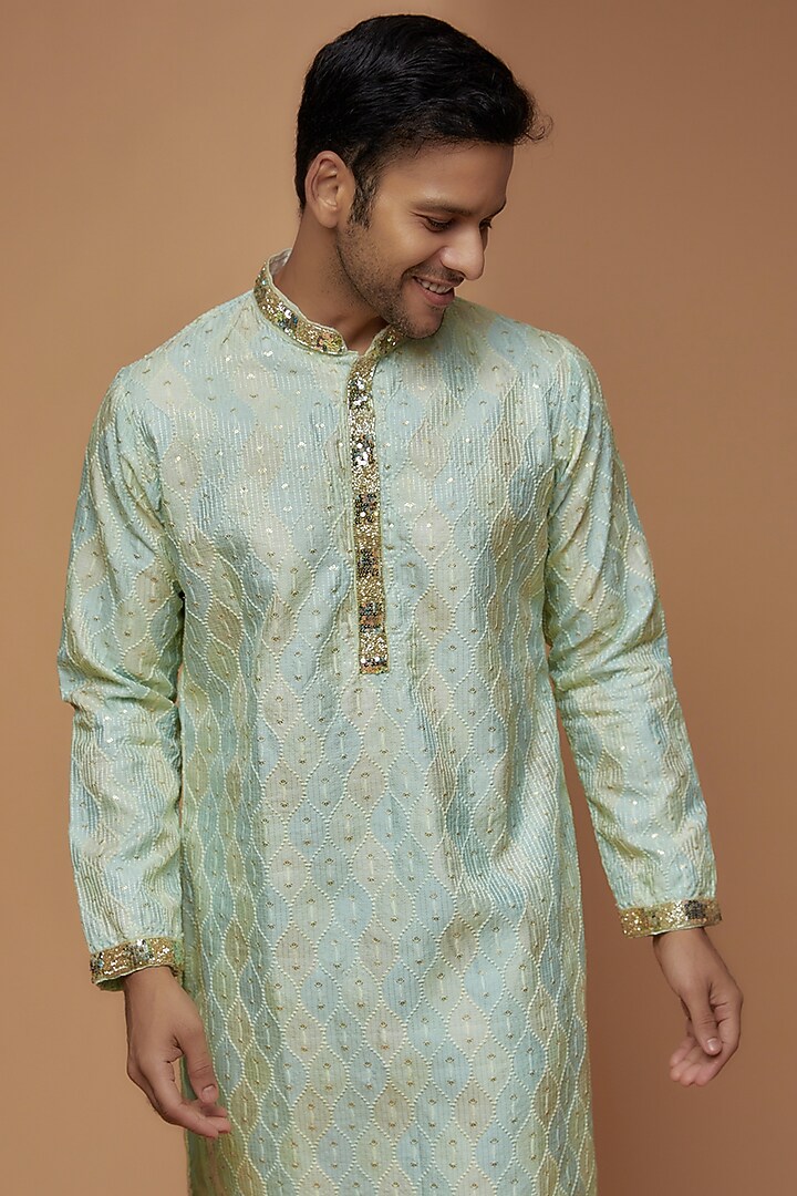 Powder Blue Dupion Embroidered & Printed Kurta Set by Dapper & Dare at Pernia's Pop Up Shop