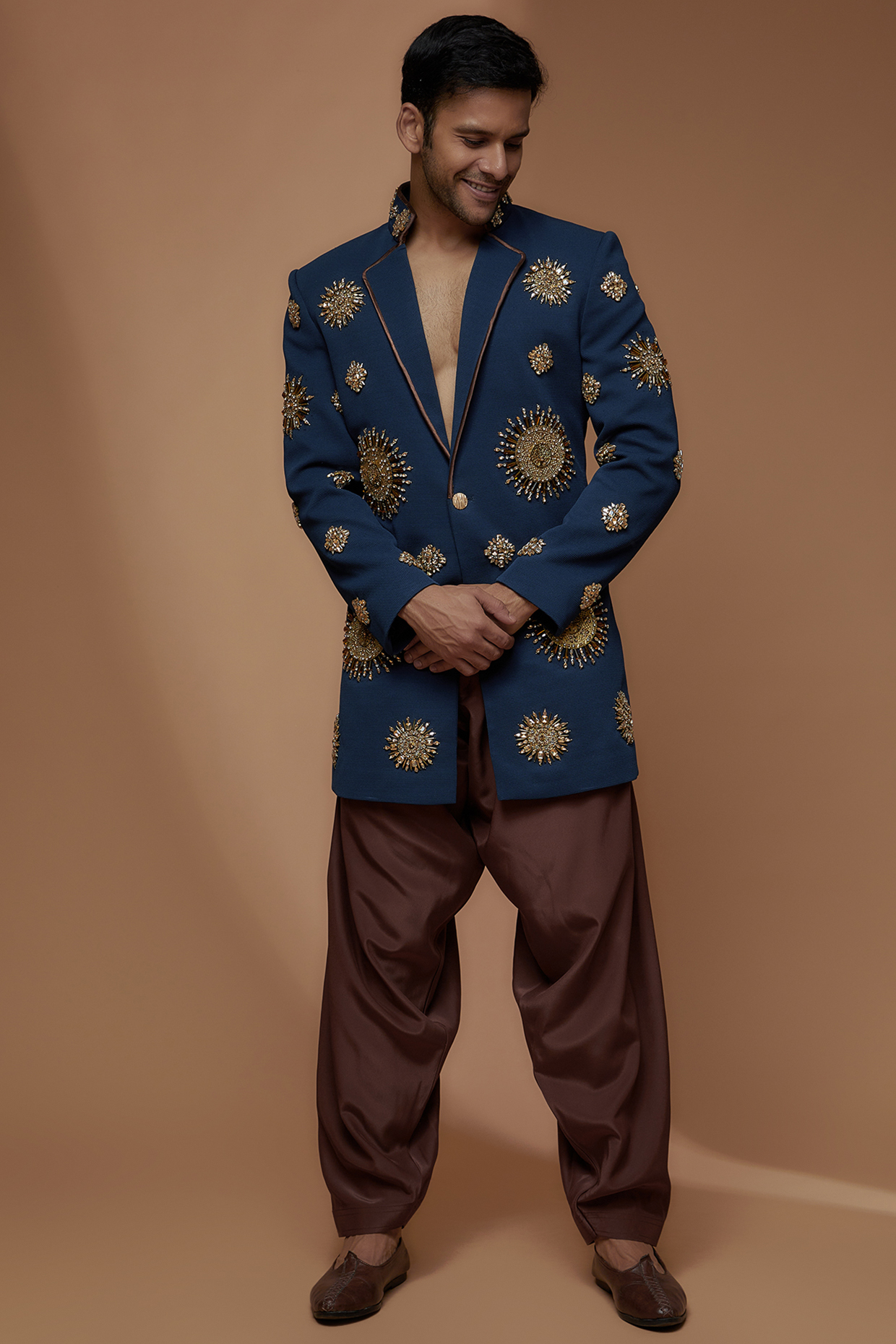 Prussian Blue Georgette Embellished Groom Indowestern Set by Dapper & Dare at Pernia's Pop Up Shop