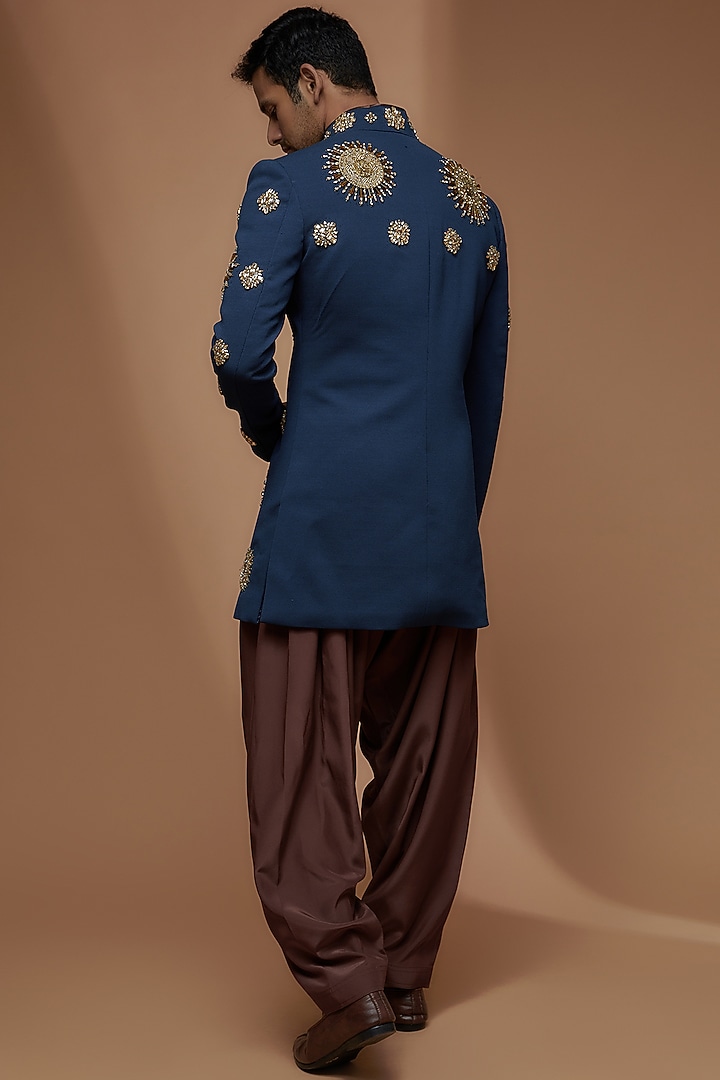 Prussian Blue Georgette Embellished Groom Indowestern Set by Dapper & Dare at Pernia's Pop Up Shop