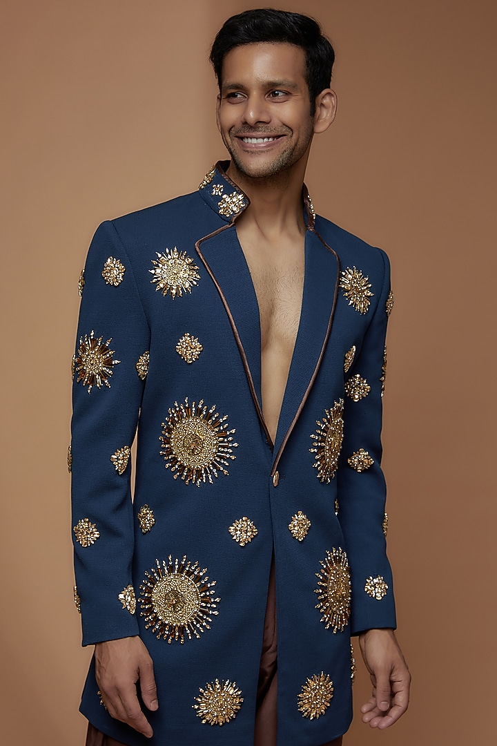 Prussian Blue Georgette Embellished Groom Indowestern Set by Dapper & Dare at Pernia's Pop Up Shop