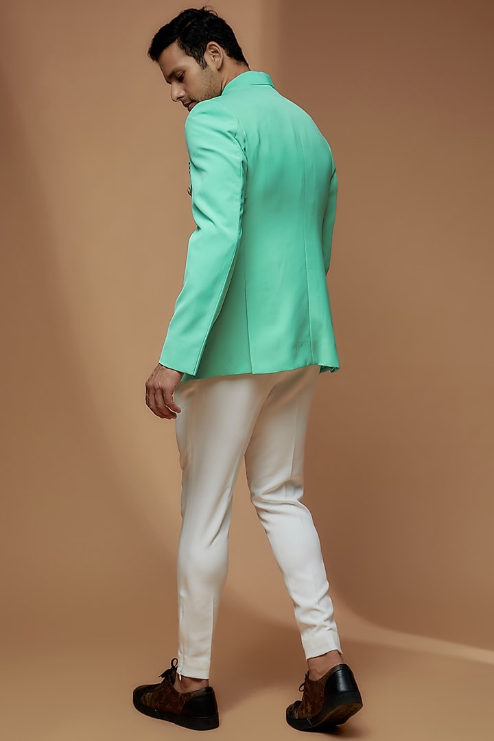 Turquoise Banana Crepe Wedding Bandhgala Set by Dapper & Dare at Pernia's Pop Up Shop