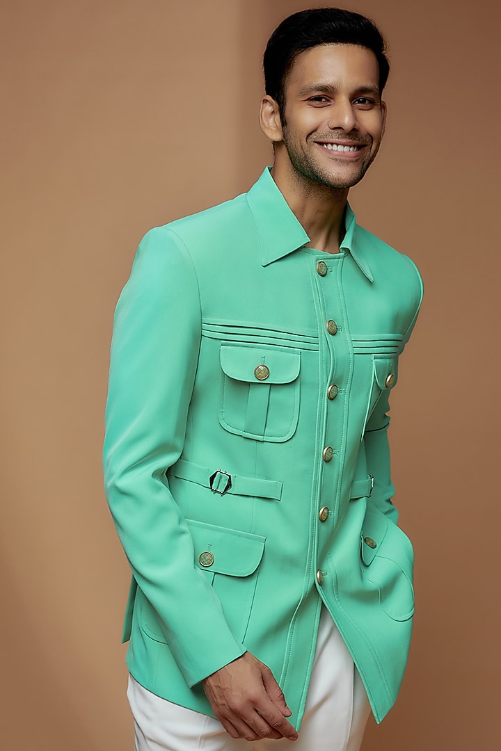 Turquoise Banana Crepe Wedding Bandhgala Set by Dapper & Dare at Pernia's Pop Up Shop