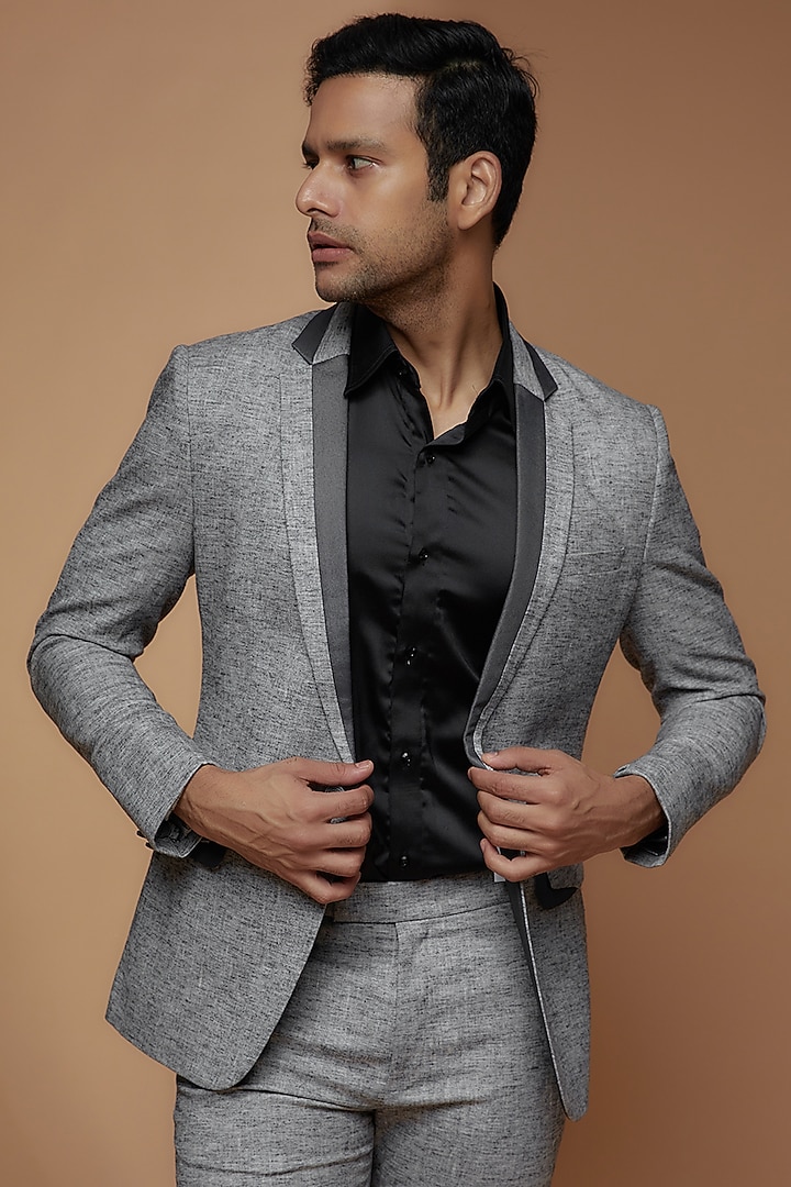 Grey French Terry & Linen Blend Blazer Set by Dapper & Dare at Pernia's Pop Up Shop