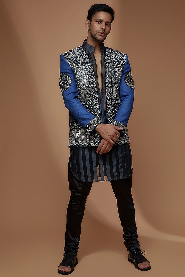 Cobalt Blue South Jute Cotton Blend Embroidered Indo-Western Set by Dapper & Dare at Pernia's Pop Up Shop