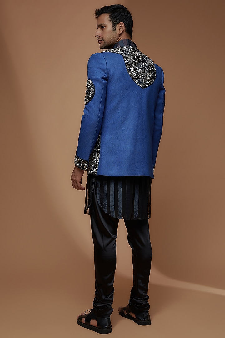 Cobalt Blue South Jute Cotton Blend Embroidered Indo-Western Set by Dapper & Dare at Pernia's Pop Up Shop