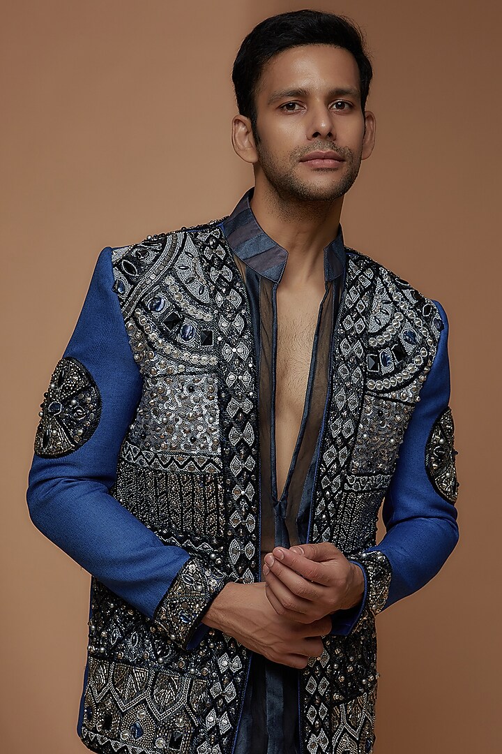 Cobalt Blue South Jute Cotton Blend Embroidered Indo-Western Set by Dapper & Dare at Pernia's Pop Up Shop